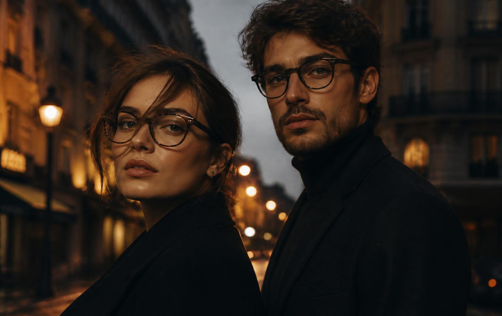 Duo portant des montures optiques TOPLOOK en ville à la tombée du jour
